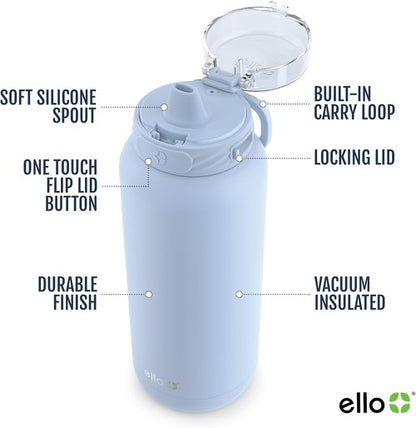 Ello Cooper 32oz Stainless Steel Water Bottle - Double-Walled, Vacuum Insulated, Leak-Proof | Halogen Blue