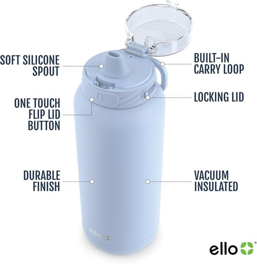 Ello Cooper 40oz Stainless Steel Water Bottle - Double Walled, Vacuum Insulated, Leak Proof | Halogen Blue