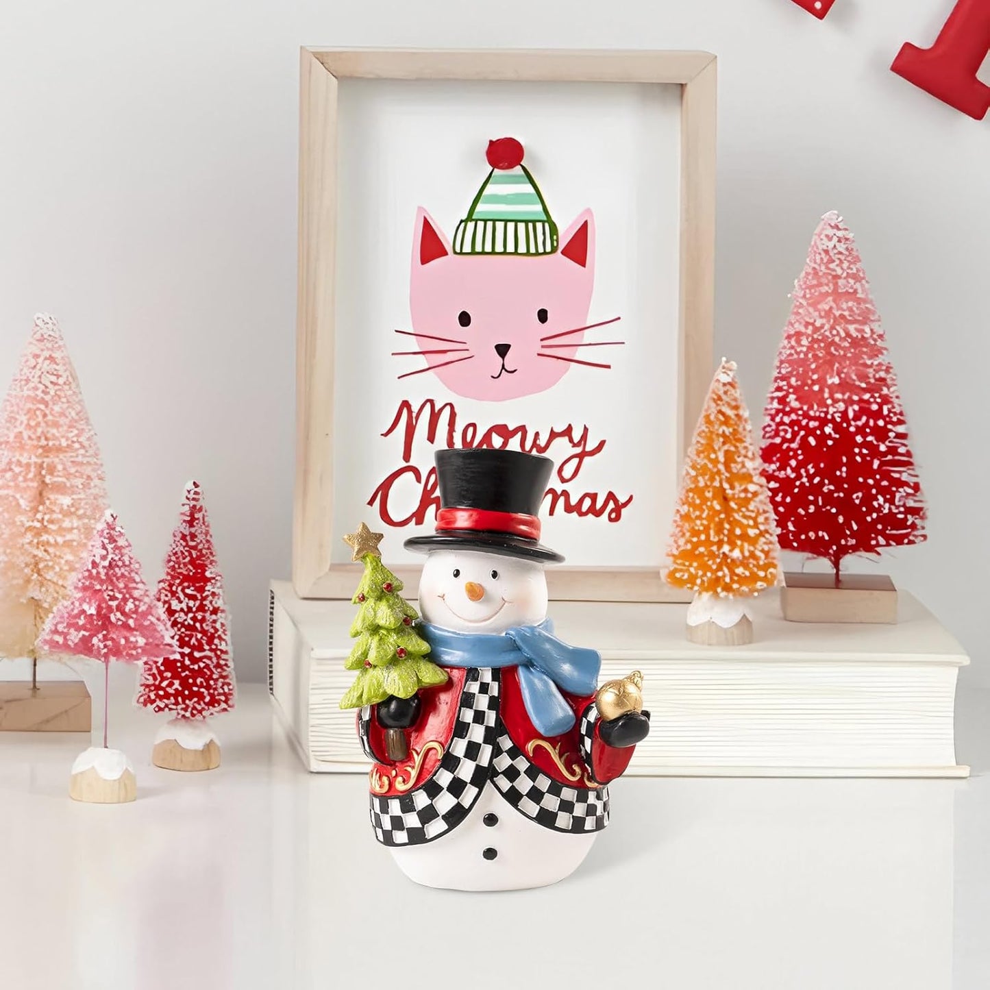 Snowman Figurines - 7.1x4.9 Inch Resin Black and White Checkered Christmas Decor | Indoor Holiday Tabletop Accent