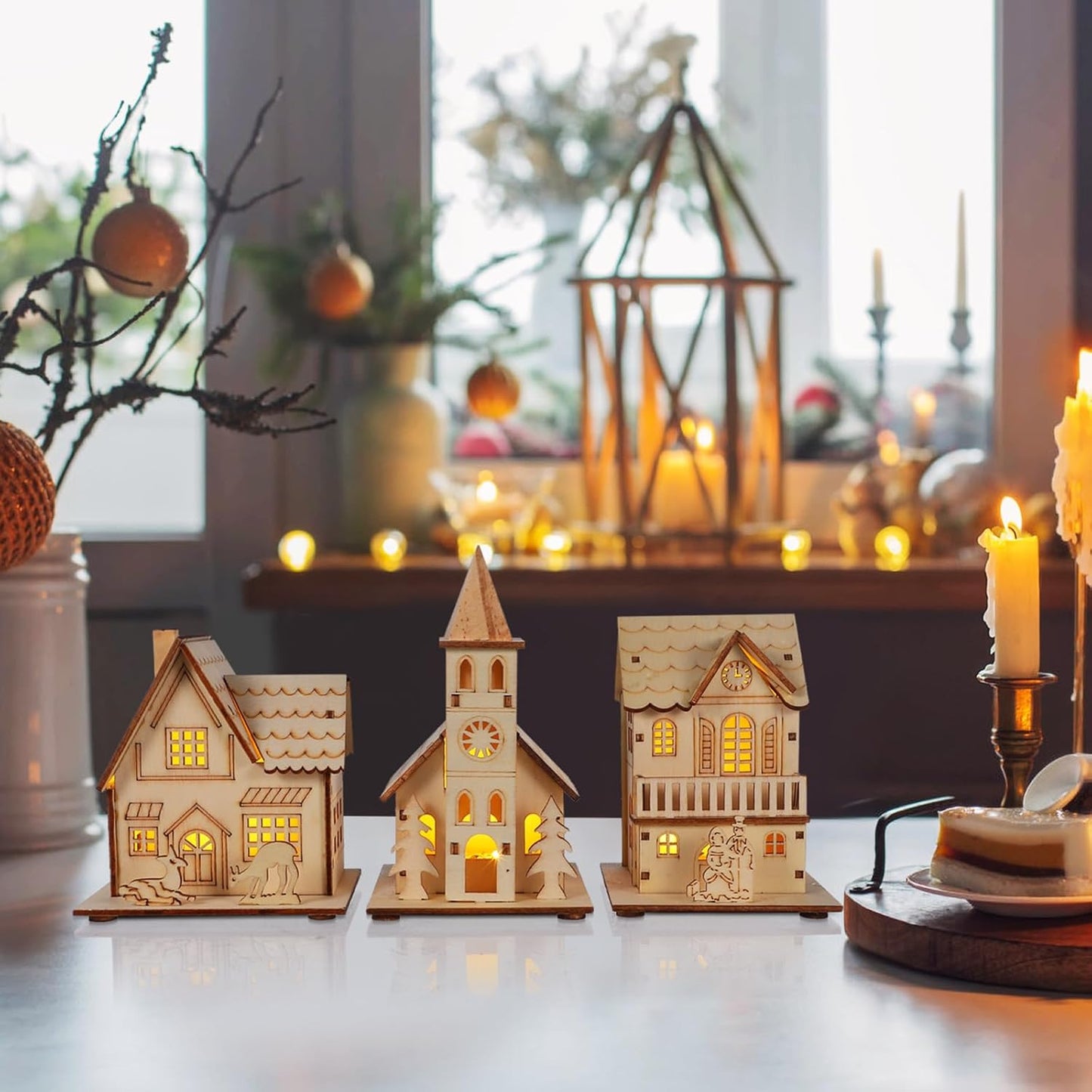 NUOBESTY Christmas Wood Village Ornaments - 3pcs LED Luminous Houses for Festive Decor | Light Brown