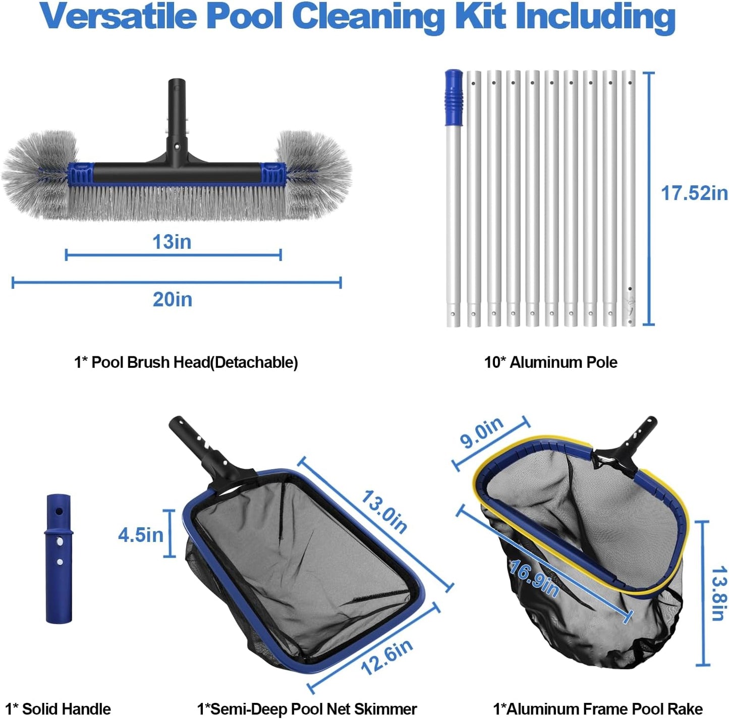 Poolvio 5-in-1 Pool Cleaning Kit - Semi-Deep Skimmer, Aluminum Leaf Rake & 20' Brush with 13ft Pole