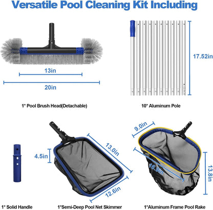 Poolvio 5-in-1 Pool Cleaning Kit - Semi-Deep Skimmer, Aluminum Leaf Rake & 20' Brush with 13ft Pole