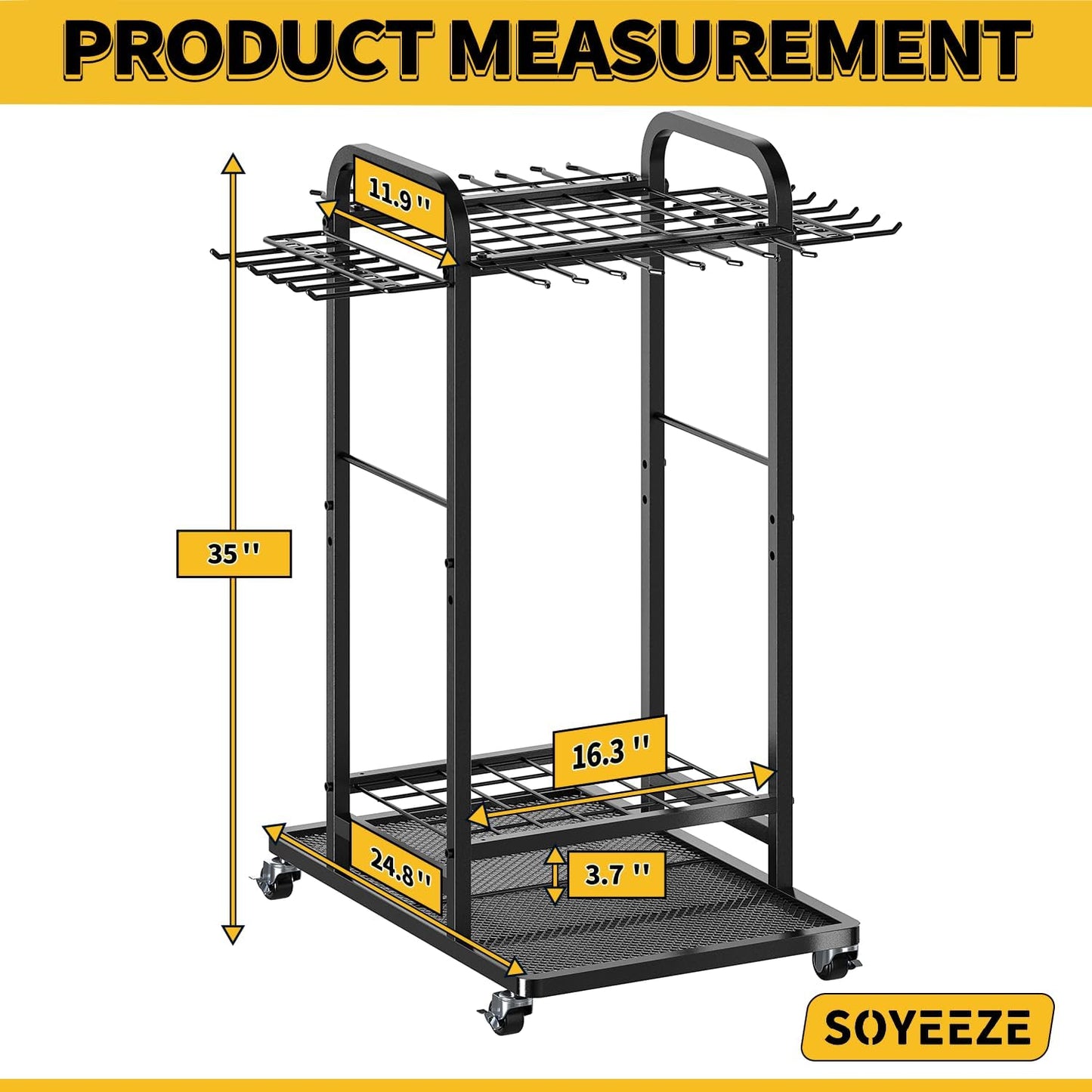 SOYEEZE Garden Tool Organizer - Heavy-Duty 3-Tier Tool Rack with Lockable Wheels | Holds 35 Tools
