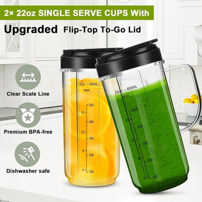 Magic Bullet Blender Cups - 22oz Tall Replacement Cups with Flip Top Lid & Cross Blade | 2 Pack