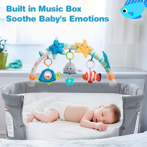 Jollybaby Musical Bassinet Stroller Crib Mobile Toy for Baby 0-6-12 Months, Infant Clip On Arch Hanging Toy with Music Box for Bjorn Bouncer, Portable Mobile Attachment Toy for Newborn Gift - Starfish
