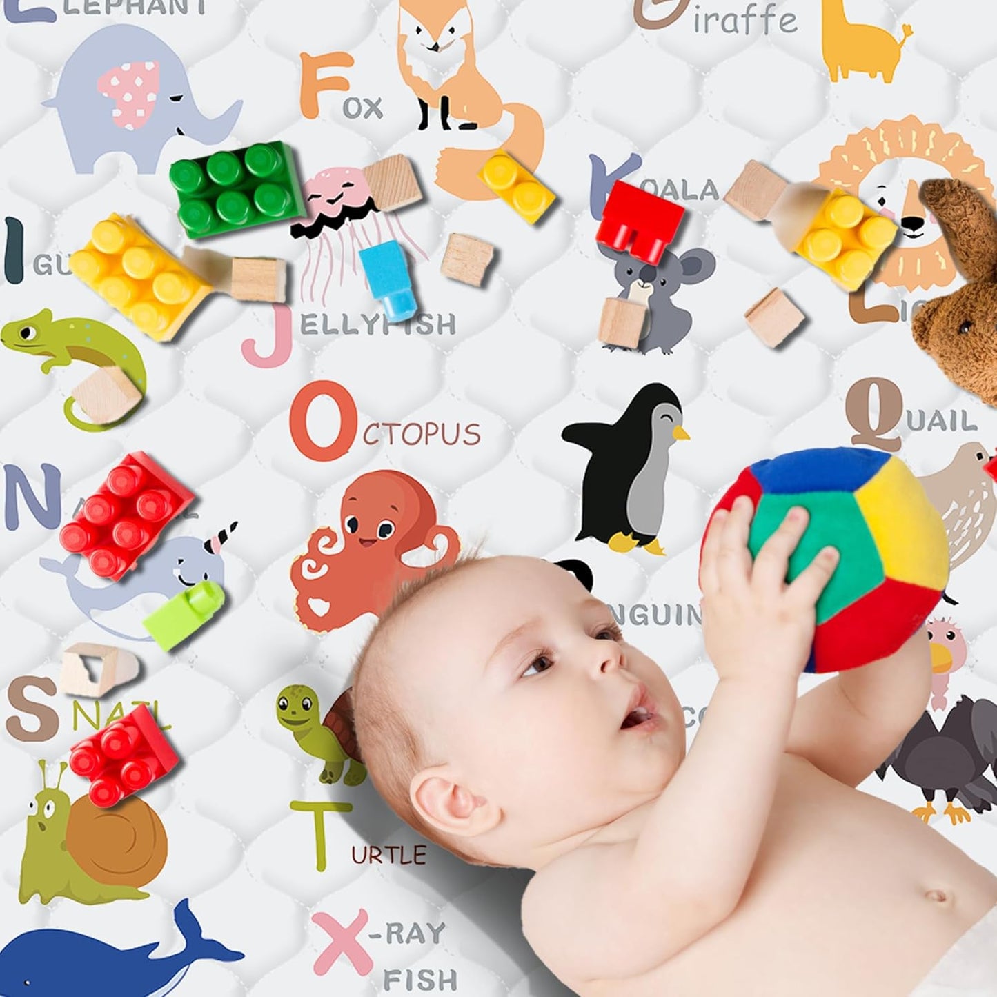 Skiennix Baby Play Mat - Thick Soft Non-Slip Crawling Mat | 50" x 50" Machine Washable for Infants & Toddlers (Animal Alphabet-A)