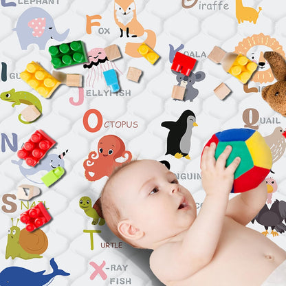 Skiennix Baby Play Mat - Thick Soft Non-Slip Crawling Mat | 50" x 50" Machine Washable for Infants & Toddlers (Animal Alphabet-A)
