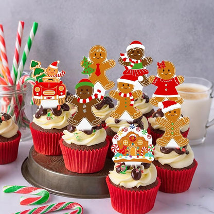 Christmas Gingerbread Cupcake Toppers 48pcs - Santa Hat & Candy Cane Picks