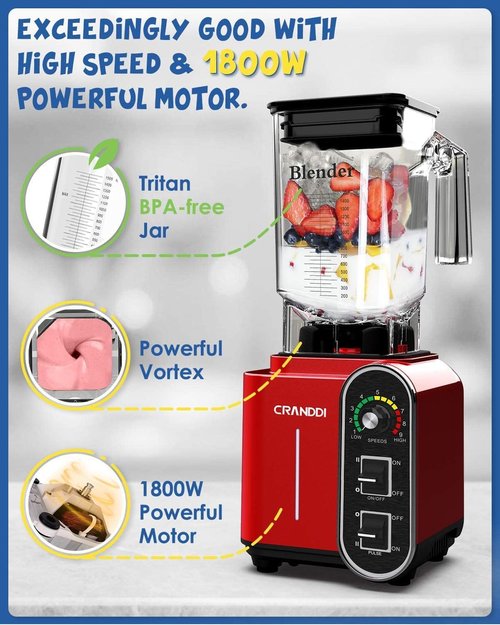 CRANDDI Smoothie Blender - 52oz 1800 Watt Professional Blender with Stainless Steel Blade & Self-Cleaning | K98C Red