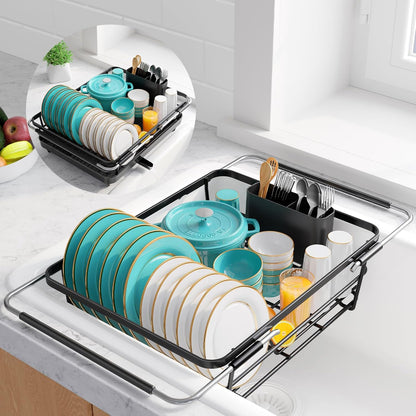 Skiennix Extendable Dish Drying Rack - Over Sink Storage with Utensil Holder | 12" W x 16.1~23" L, Black