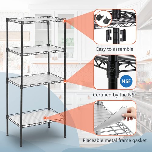 FDW Metal Wire Shelves - 4-Tier Storage Solution with 4 PP Sheets | Versatile Black Shelving for Laundry, Bathroom, Kitchen, Garage (18L x 12W x 44H)