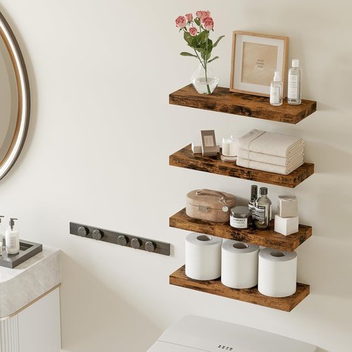 Fixwal Wood Floating Shelves - Set of 4 Rustic Brown Wall Decor with Invisible Brackets | Ideal for Bathroom, Living Room, Bedroom, Kitchen