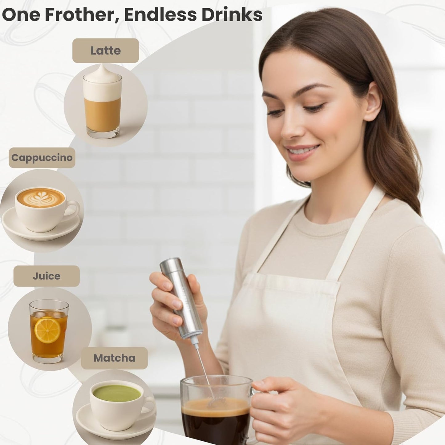 Skiennix Milk Frother - Handheld Battery Operated Drink Mixer with 2 Stainless Steel Whisks | Silver