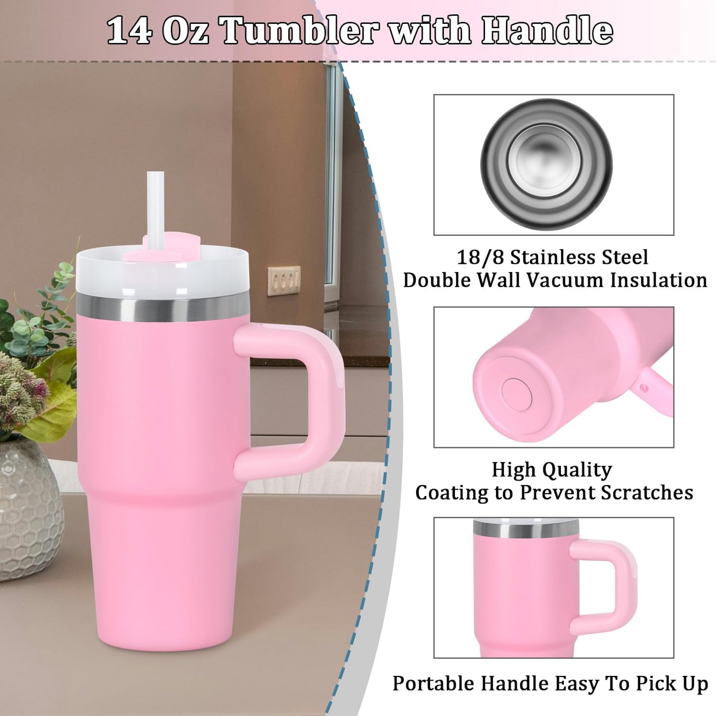 Skiennix 14 Oz Stainless Steel Tumbler - Vacuum Insulated with Handle & Straw | Pink Kids' Cup