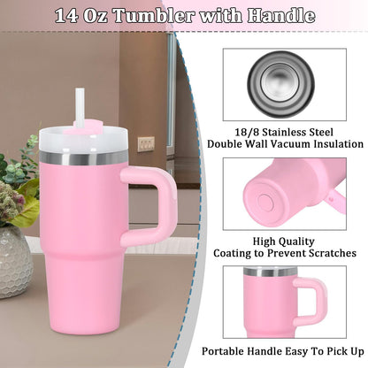 Skiennix 14 Oz Stainless Steel Tumbler - Vacuum Insulated with Handle & Straw | Pink Kids' Cup