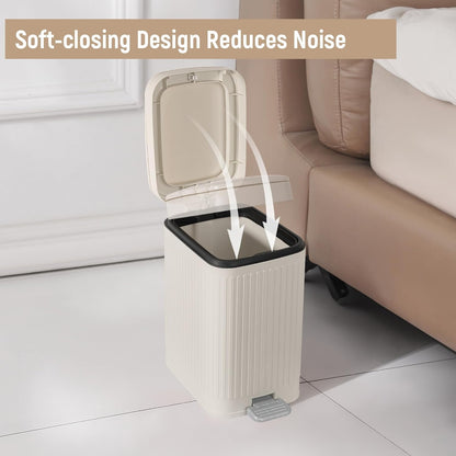 Rejomiik Small Bathroom Trash Can - Slim Soft Close Lid Wastebasket | 1.9 Gallon Cream for Office & Home