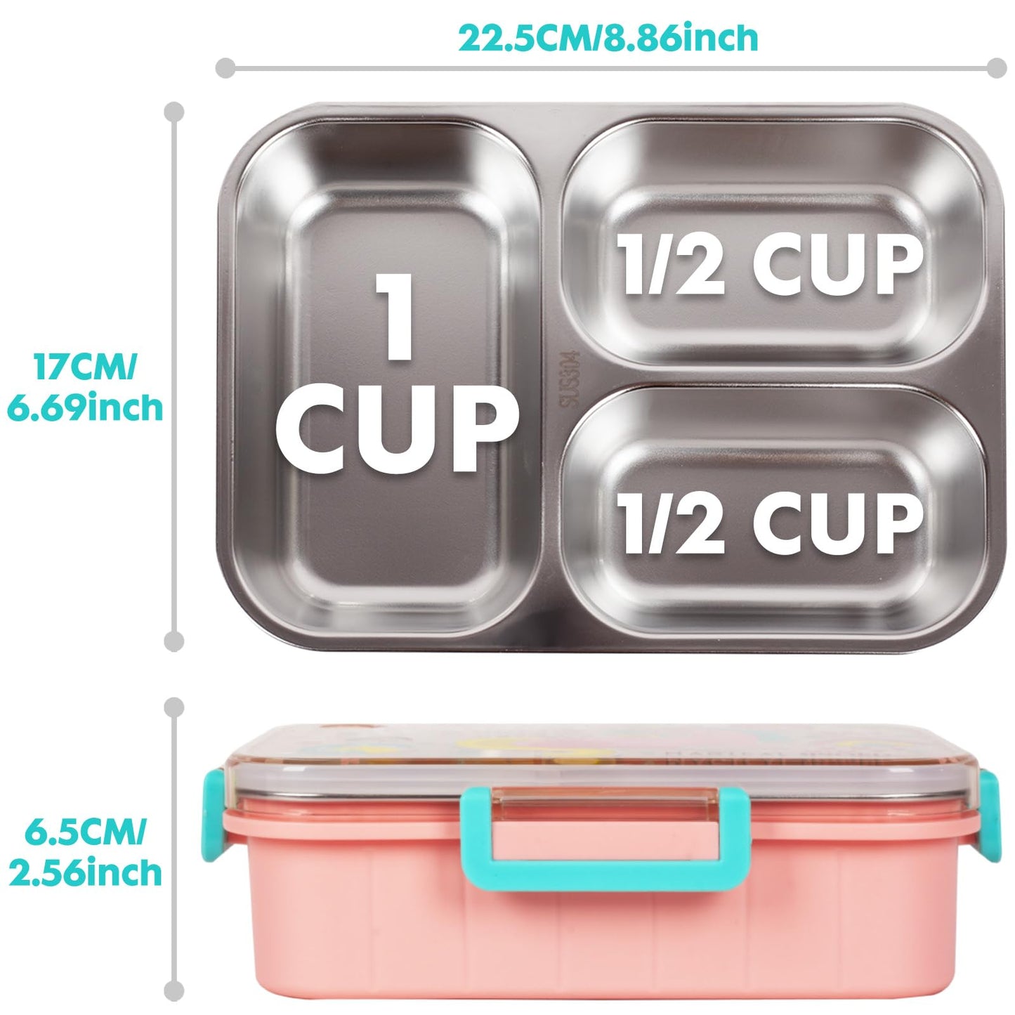 YOYTOO Stainless Steel Bento Lunch Box for Kids, 800ml/27oz BPA-Free Leak-Proof Children Food Containers with 3 Compartments, School Students Daycare Lunches/Snack Container