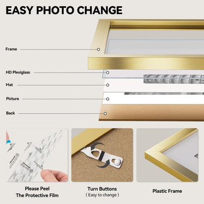 HappyHapi 8.5x11 Picture Frame Gold, Gold Picture Frames Display Photos 6x8 with Mat or 8.5x11 Without Mat, 1 Pack Plastic Frame for Wall & Tabletop for Home Decor