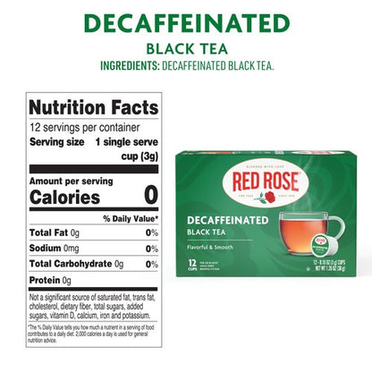 Red Rose Naturally Decaffeinated Black Tea Specially Blended Strong Black Tea with 12 Single Serve Tea K-Cups Per Brew Hot/Cold Decaf Full-bodied K-Cups Single Serve Cups