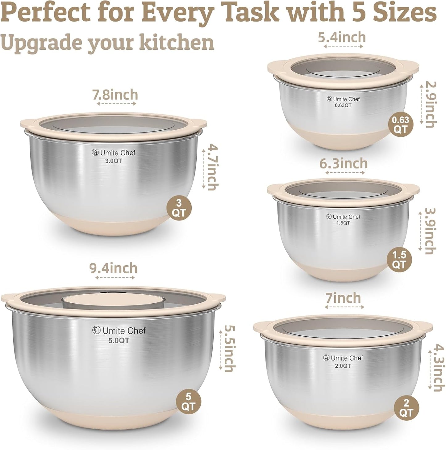 Skiennix Mixing Bowls Set - Airtight Stainless Steel Bowls with Lids & Graters | Khaki 5/3/2/1.5/0.63QT