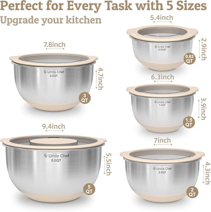 Skiennix Mixing Bowls Set - Airtight Stainless Steel Bowls with Lids & Graters | Khaki 5/3/2/1.5/0.63QT