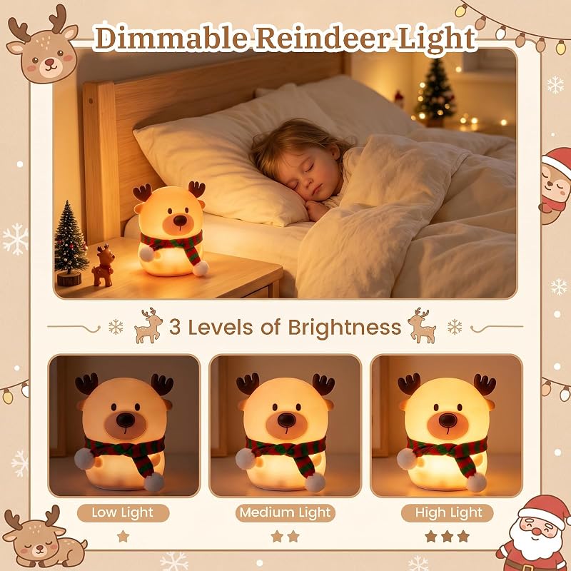 Reindeer Night Light for Kids – 7-Color USB Rechargeable Silicone Lamp with 3 Brightness Levels, Christmas Scarf
