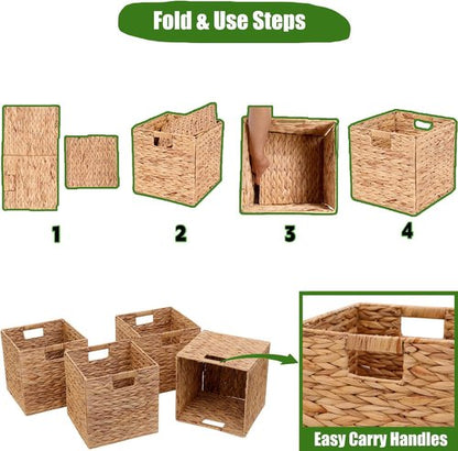 Handwoven Water Hyacinth Storage Baskets - 4 Pcs Foldable Cube Shelf Organizers | 11x11in