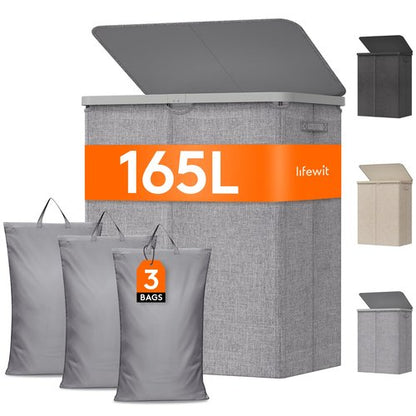 Lifewit 165L Large Laundry Basket with Lid, Laundry Hamper with Plastic Handles and Removable Bag, Foldable Tall Dirty Clothes Hampers for Laundry for Laundry Room, Bedroom, Bathroom, Dorm, Light Gray