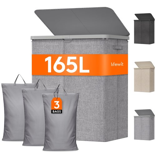 Lifewit 165L Large Laundry Basket with Lid, Laundry Hamper with Plastic Handles and Removable Bag, Foldable Tall Dirty Clothes Hampers for Laundry for Laundry Room, Bedroom, Bathroom, Dorm, Light Gray