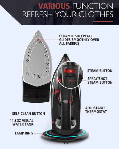 OMAIGA Cordless Steam Iron - 1500W Non-Stick Ceramic Soleplate, Auto Shut Off, 3 Temp Settings, Black