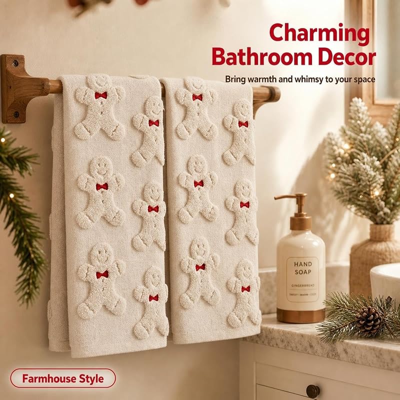 2Pcs Christmas Hand Towels for Bathroom - 100% Cotton, Gingerbread Jacquard Embroidery (Beige Gingerbread)