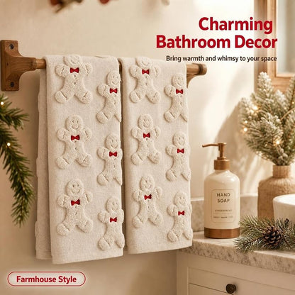 2Pcs Christmas Hand Towels for Bathroom - 100% Cotton, Gingerbread Jacquard Embroidery (Beige Gingerbread)