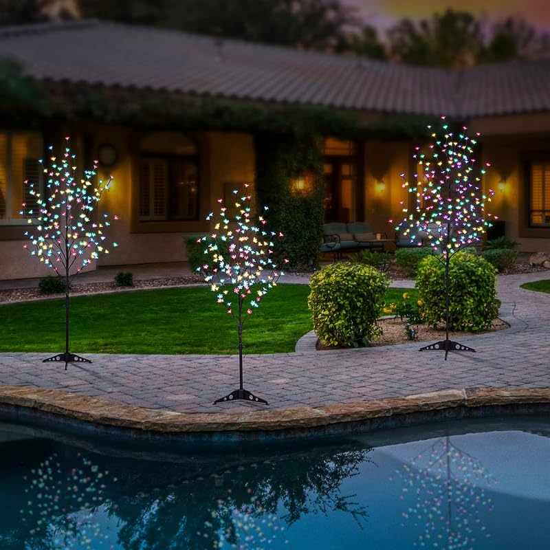 Lightshare 3-Tree LED Cherry Blossom Set - 4ft 5ft 6ft Lighted Trees with Remote, Multicolor