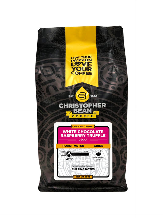 Christopher Bean Coffee - White Chocolate Raspberry Flavored Coffee, (Decaf Ground) 100% Arabica, No Sugar, No Fats, Made with Non-GMO Flavorings, 12-Ounce Bag of Decaf Ground coffee