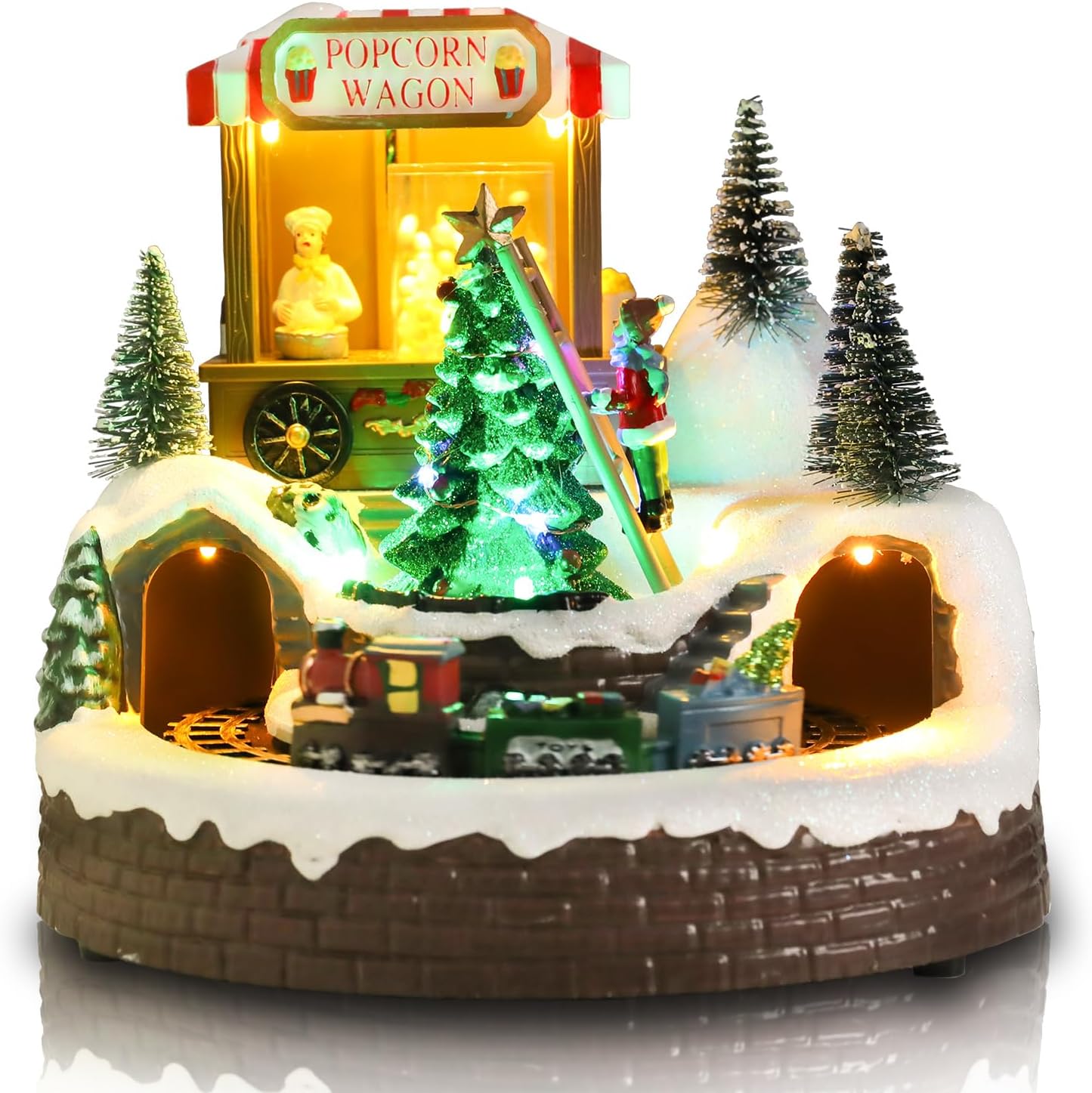Afirst Christmas Village Houses - Lighted Musical Train Set with Popcorn Wagon & Rotating Xmas Tree | Indoor Display Decor