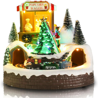 Afirst Christmas Village Houses - Lighted Musical Train Set with Popcorn Wagon & Rotating Xmas Tree | Indoor Display Decor