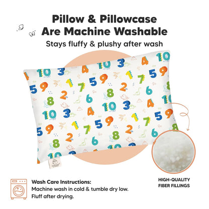 My Little Dreamy Toddler Pillow - Organic Cotton Travel Bed Pillow with Soft Pillowcase | 13x18 Inches, Machine Washable, Ideal for Ages 2-5 (Dino123)