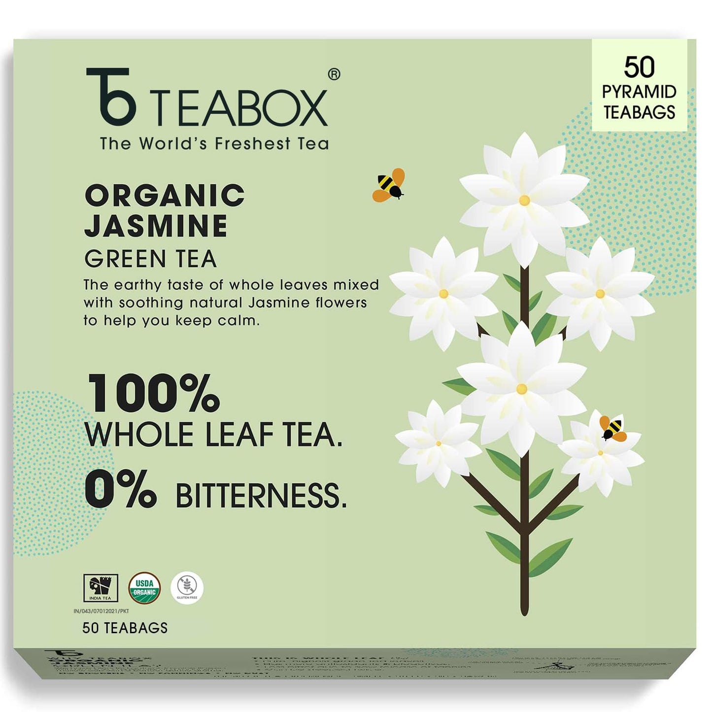 Teabox Premium ORGANIC Green Tea With Jasmine Flowers And Natural Flavours | 100% Whole Leaf Green Tea From The Himalayas | USDA ORGANIC (50 Count (Pack of 1))