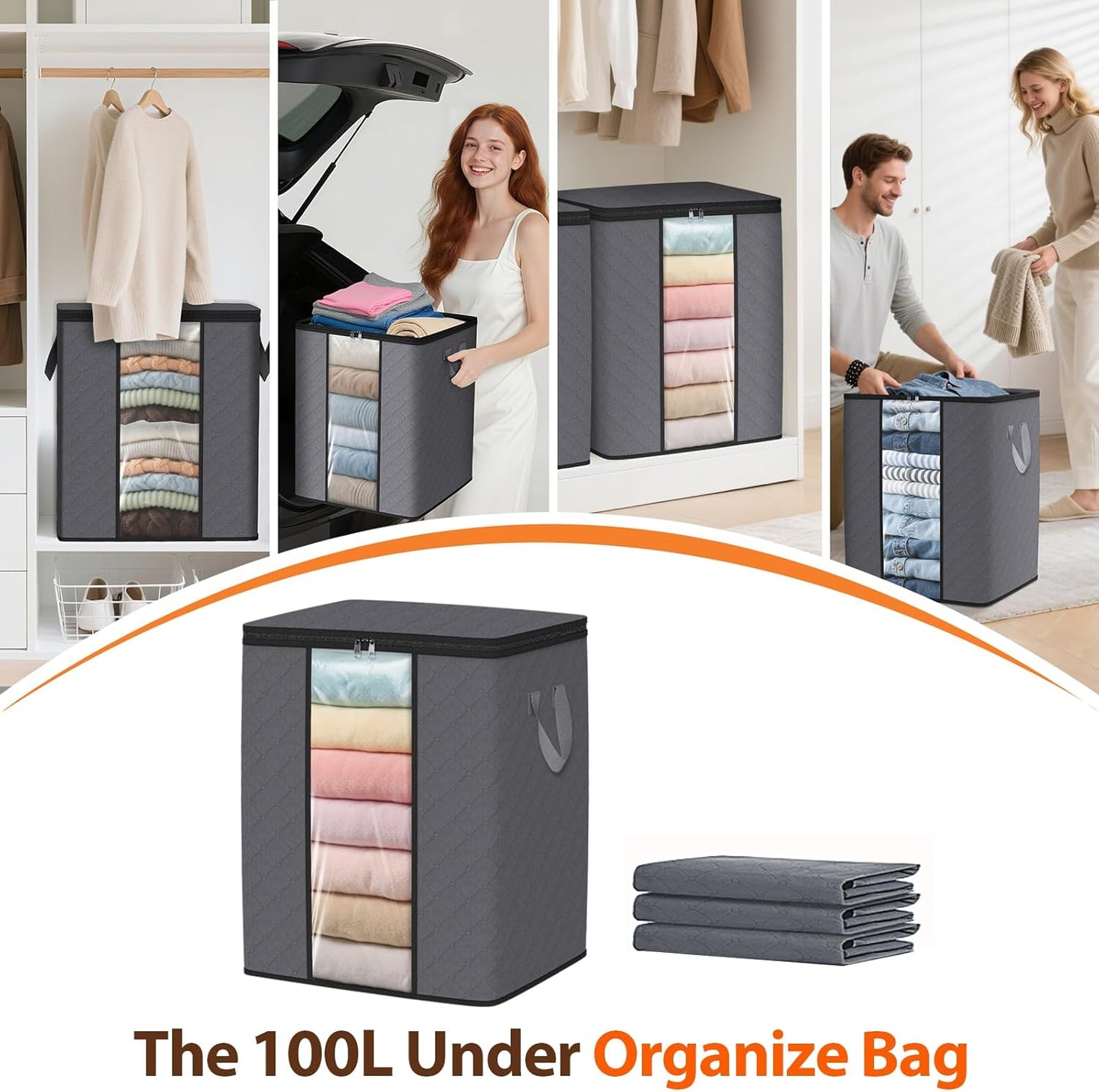 SpaceWhisper 100L Clothes Storage Bags - Foldable Thick Fabric Organizers for Bedroom & Closet | Grey, 3-Pack