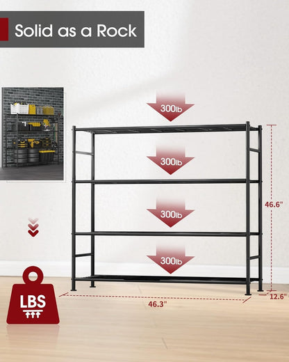 Sakugi Storage Shelves - Heavy Duty 4-Tier Shelf Organizer | Stable Metal Unit for Kitchen, Pantry & Closet - 46.3" W x 12.6" D x 46.6" H, Black