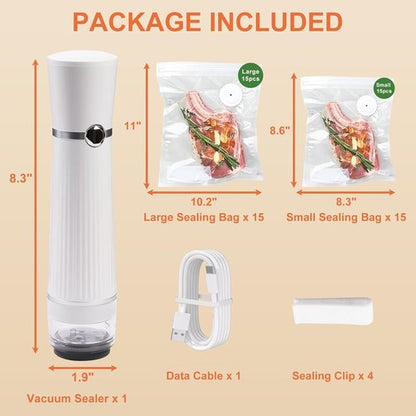 Handheld Vacuum Sealer - Portable Food Saver with 30 Reusable Bags | Easy to Clean & Extends Freshness 10x