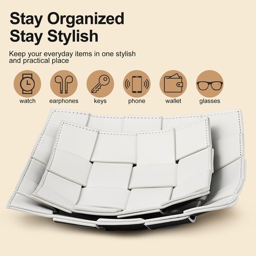 2 Pack PU Leather Valet Tray for Men, Key Holder Bowl for Entryway Table Catchall Storage Organizer EDC Dump Tray for Wallet, Keys, Coins - Large+Small, 9.8" L x 9.8" W x 2" H/7.1" D x 7.1" W x 2" H