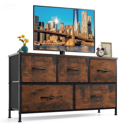 5-Drawer Dresser for Bedroom, Anti-Tip Wide Storage Organizer Fabric Chest of Drawers TV Stand for 45" TV with Wooden Top and Metal Frame for Closet, Living Room, Hallway, Entryway, Brown