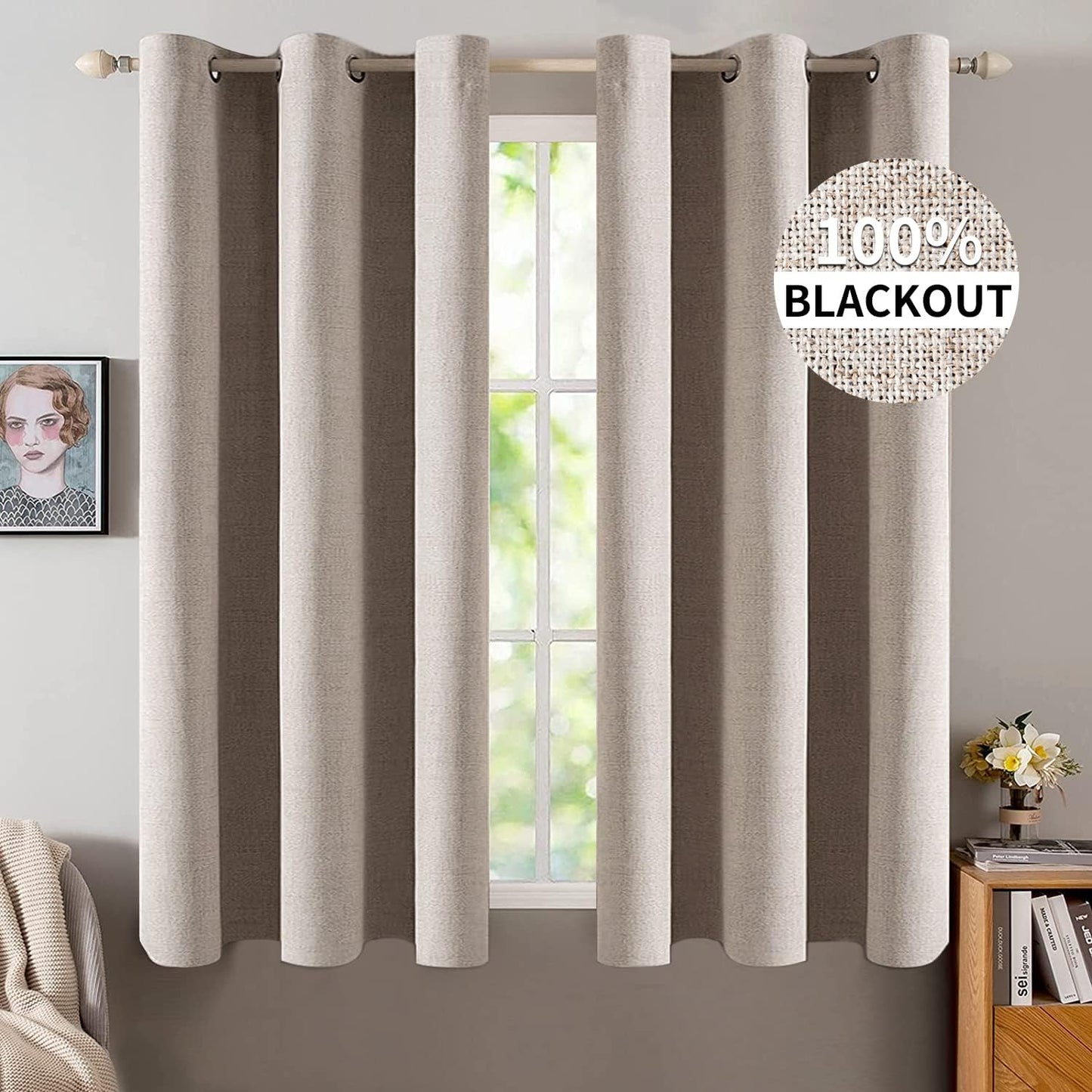 MIULEE Linen Blackout Curtains - 100% Room Darkening Thermal Insulated Grommet Panels | Khaki, 42"x63" (2 PCs)