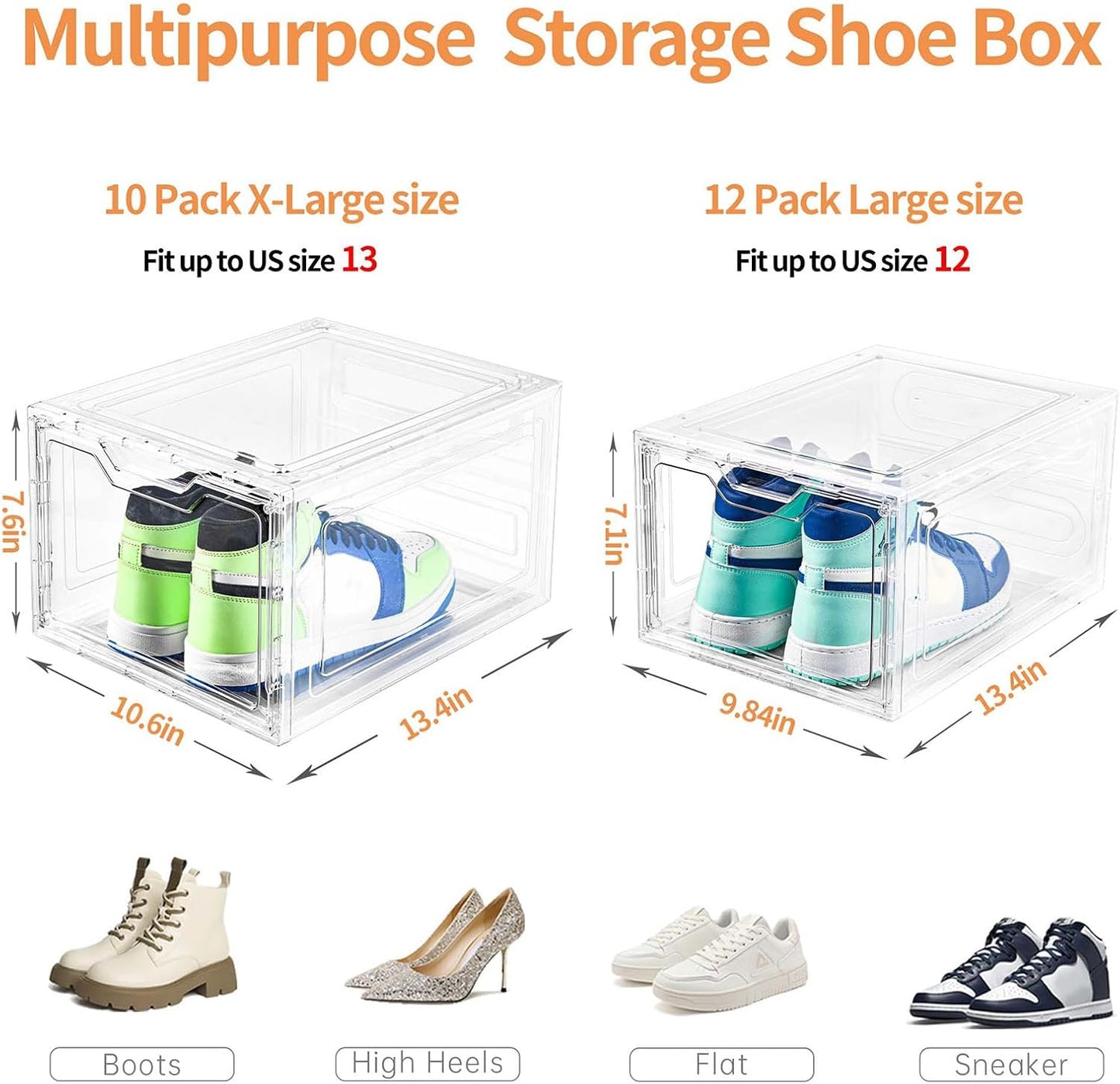 Skiennix Large Clear Shoe Boxes - Stackable Shoe Storage Organizer with Lids | Fits Up to US Size 13