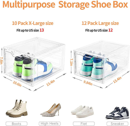 Skiennix Large Clear Shoe Boxes - Stackable Shoe Storage Organizer with Lids | Fits Up to US Size 13