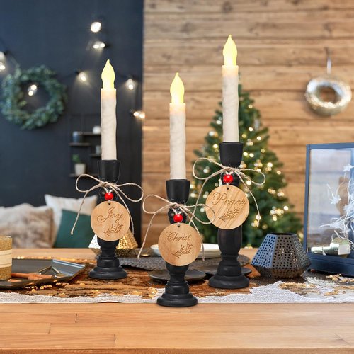Cinnvoice Christmas Candle Holders Set - Rustic Wood Centerpiece with Peace, Love, Hope Tags | 8.26'' & 7''