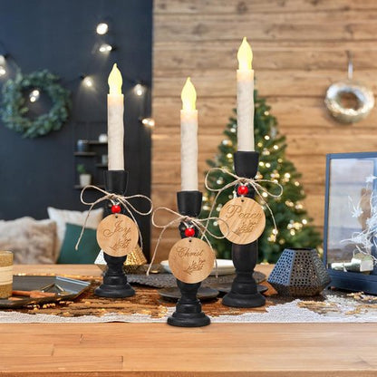 Cinnvoice Christmas Candle Holders Set - Rustic Wood Centerpiece with Peace, Love, Hope Tags | 8.26'' & 7''