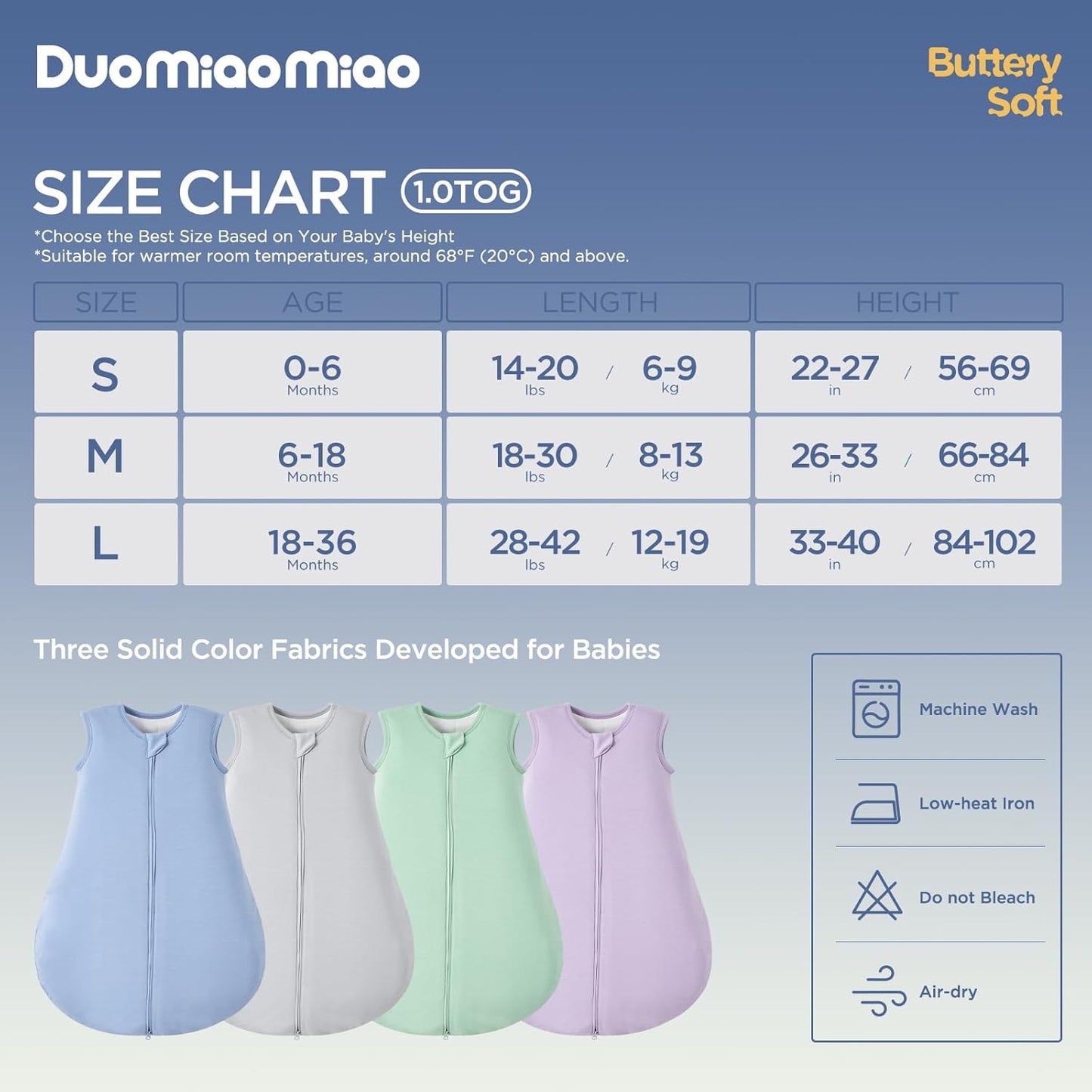 Duomiaomiao Baby Sleep Sack - Buttery Soft Bamboo Rayon, 2-Pack, 6-18 Months, 1.0 TOG, 2-Way Zipper