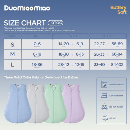 Duomiaomiao Baby Sleep Sack - Buttery Soft Bamboo Rayon, 2-Pack, 6-18 Months, 1.0 TOG, 2-Way Zipper